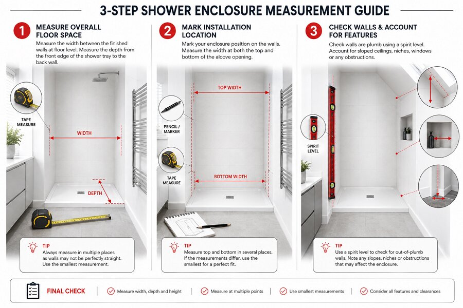 how to measure bathroom for shower enclosure three step guide floor space openings and wall level check