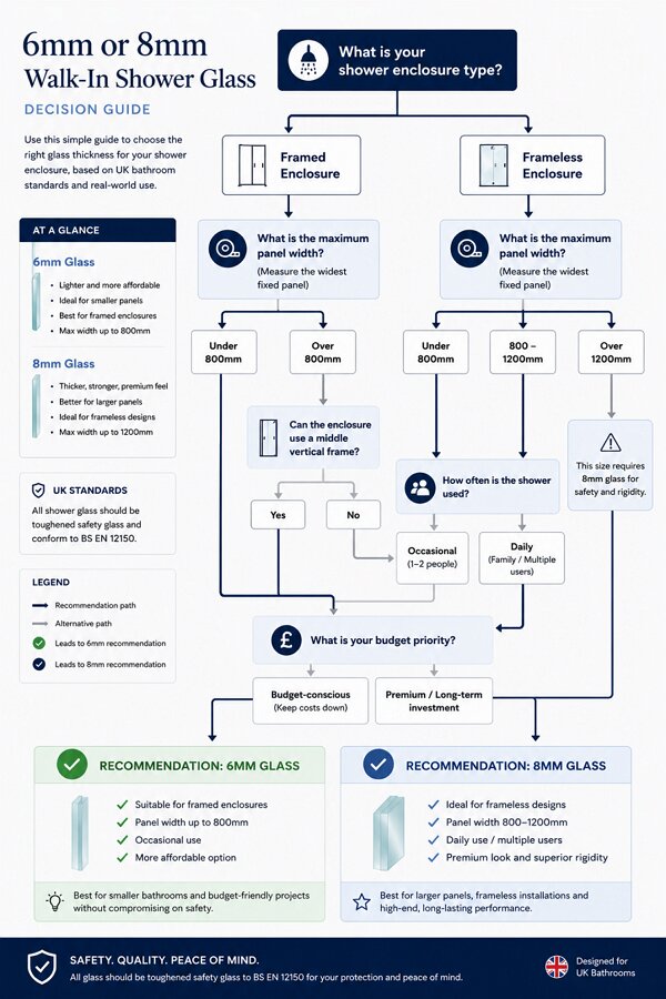 decision flow chart choosing 6mm or 8mm shower glass based on enclosure type panel size and usage