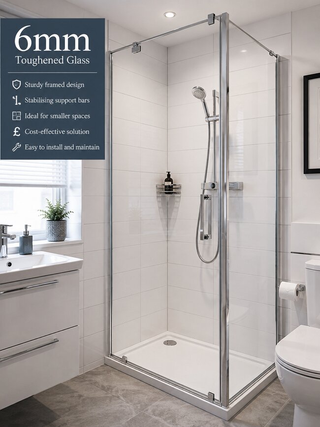 6mm toughened glass walk-in shower with framing and stabilising bars for compact UK bathroom