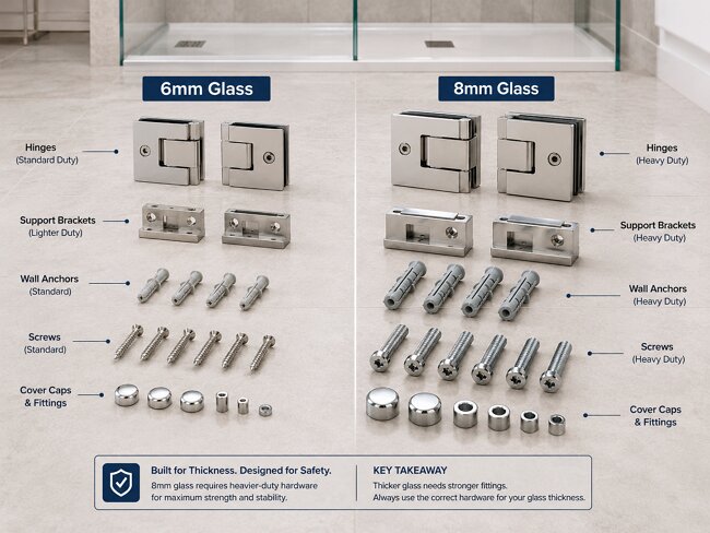 shower glass hardware comparison standard hinges for 6mm vs heavy-duty hinges for 8mm installation