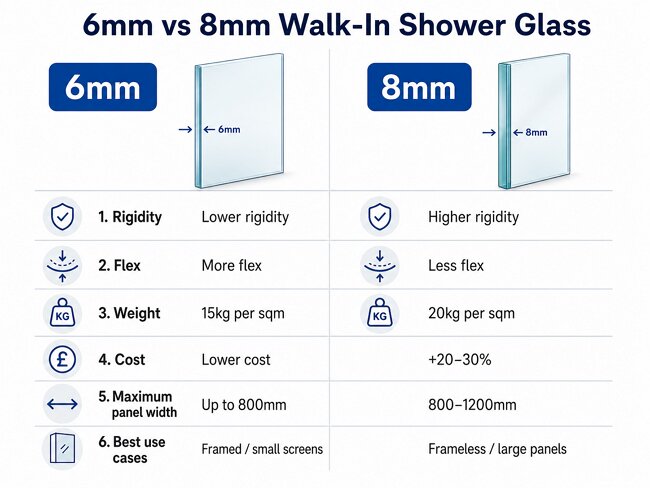 6mm vs 8mm shower glass comparison chart weight rigidity cost and maximum panel width