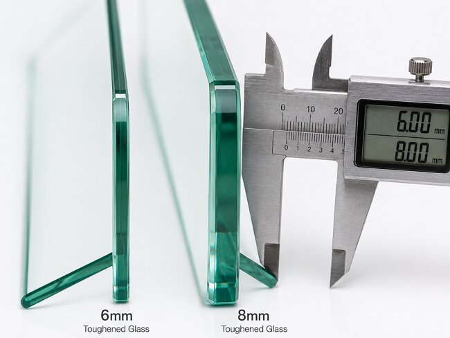 6mm vs 8mm shower glass thickness side-by-side edge comparison with measurement