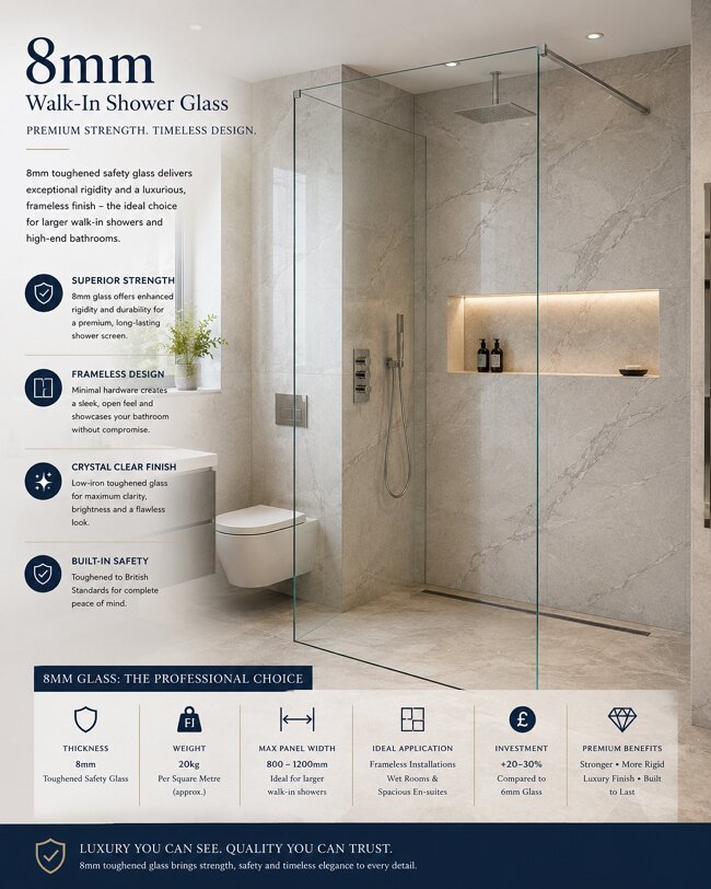 8mm toughened glass frameless walk-in shower premium rigid design for modern UK bathroom