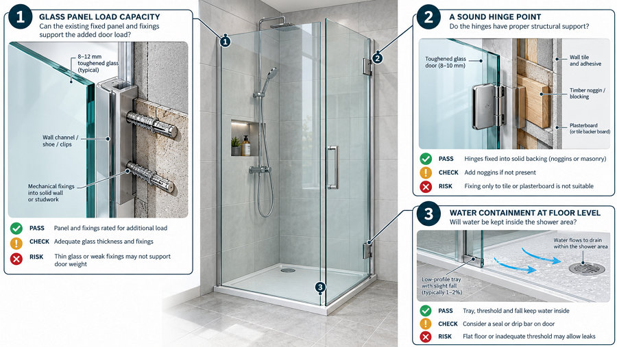 feasibility checks adding door to walk-in shower screen UK load hinge floor