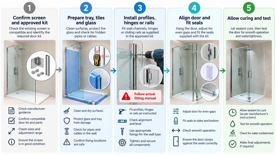 adding shower door to walk-in screen installation steps UK guide
