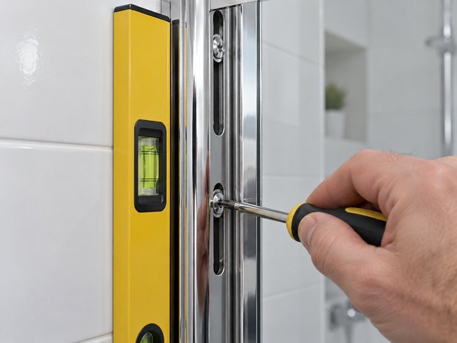 Adjustable bath screen wall profile with 25mm adjustment range fitted to an uneven tiled UK bathroom wall