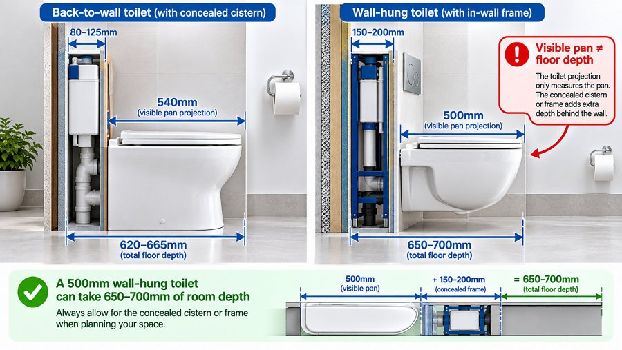 back to wall wall hung toilet concealed cistern frame depth UK cross section