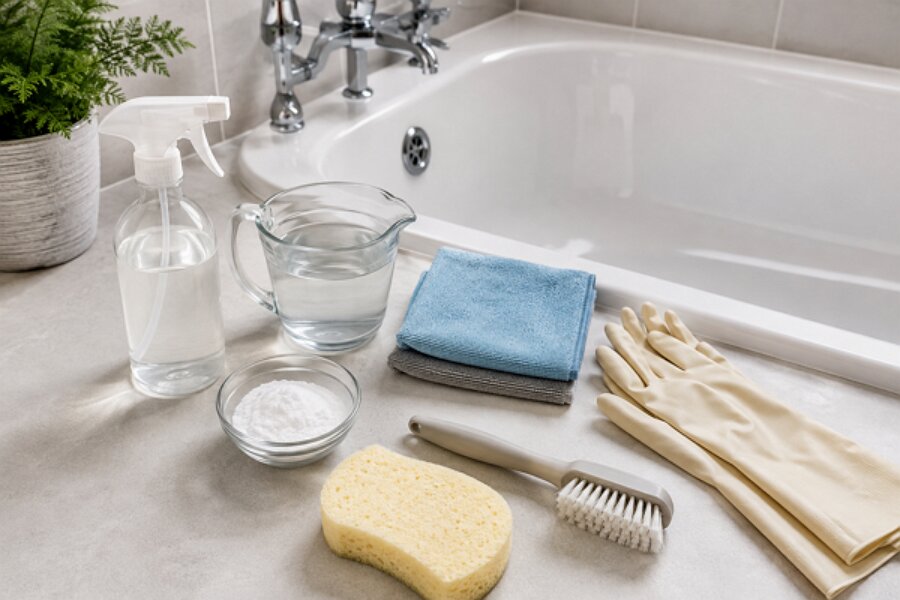 Bath cleaning supplies including white vinegar, bicarbonate of soda and microfibre cloths