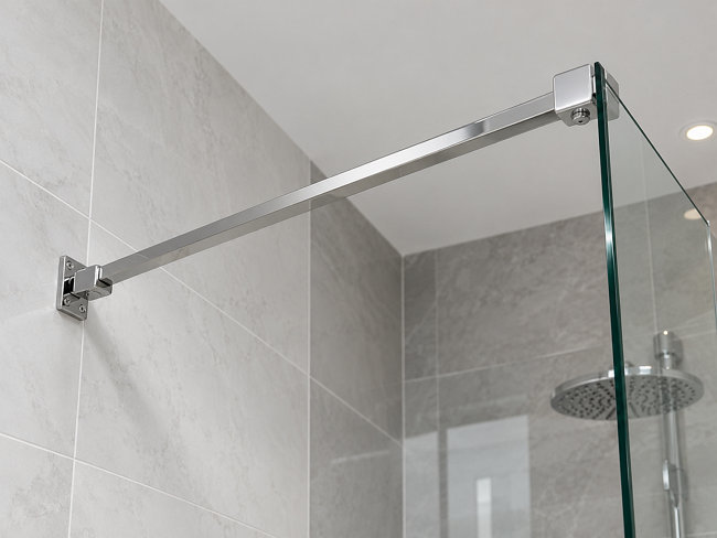 Chrome bath screen support bar and stabilising arm fixed to the wall for a secure, rigid installation