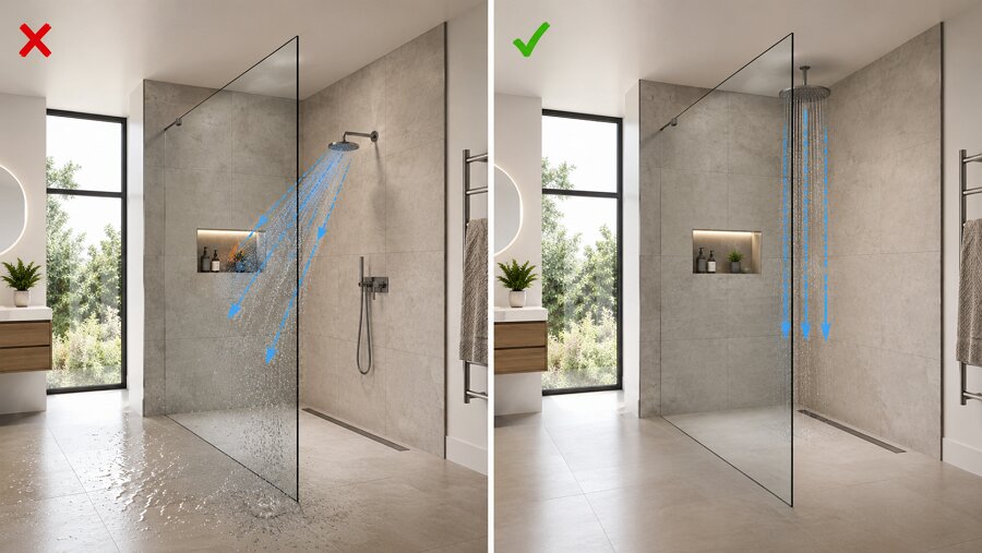 Correct shower head position to keep water away from a walk-in shower opening