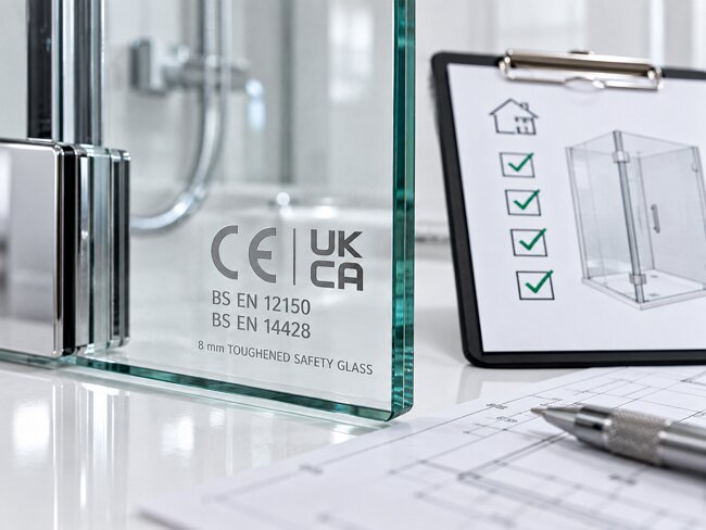 CE marked UKCA certified shower screen glass with BS EN 12150 and BS EN 14428 compliance etching