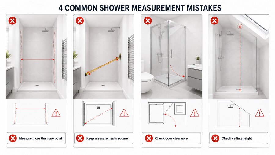 common shower enclosure measuring mistakes to avoid - multiple points vs single spot measurement errors