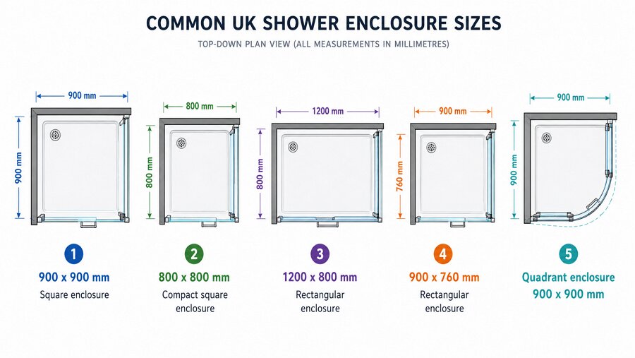 UK common shower enclosure sizes comparison 900x900 800x800 1200x800 900x760 and quadrant dimensions chart