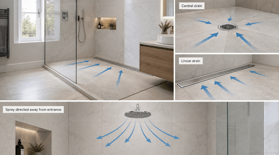 doorless shower design principles uk floor slope linear drain threshold diagram