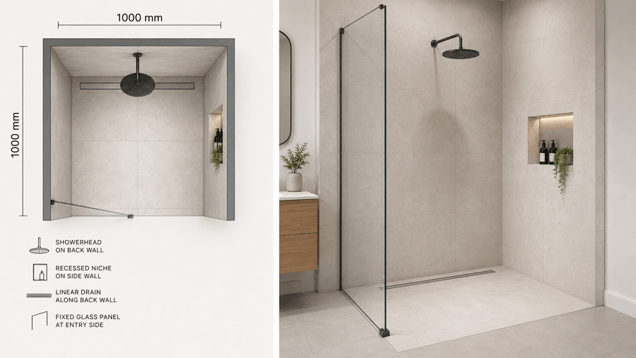 compact square doorless shower size layout uk 1000x1000