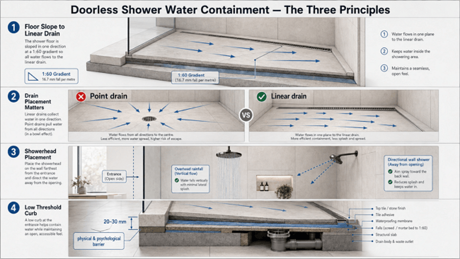 Doorless shower design showing floor slope, drainage and threshold for water containment