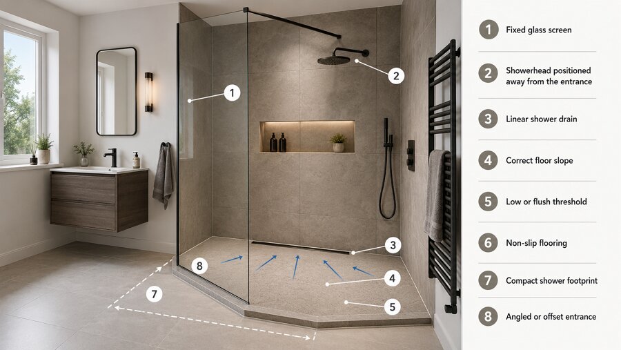 Key design features for keeping water contained in a doorless walk-in shower