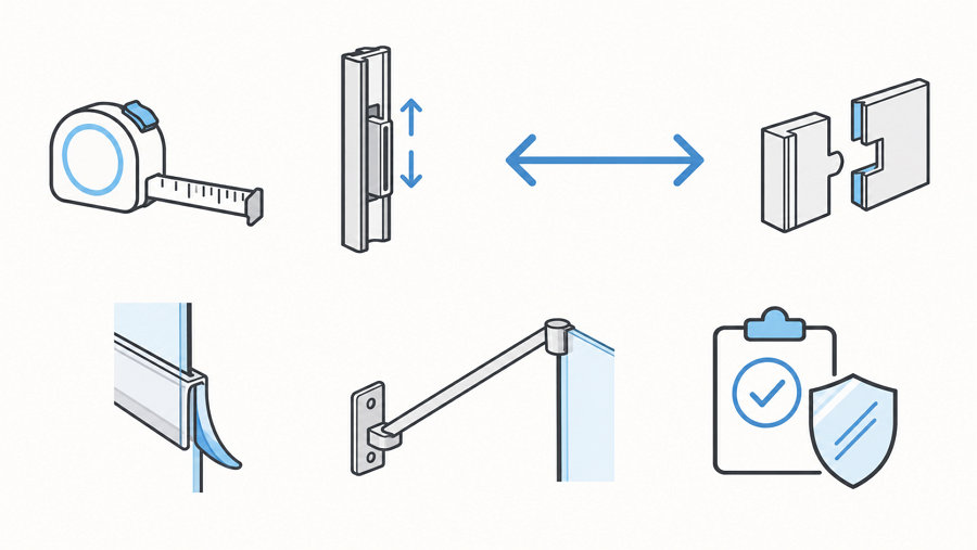 Infographic of seven features that make a bath screen easy to install, including adjustable wall profile and push-fit seal