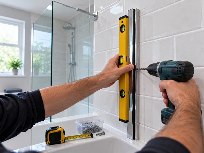 Fitting a bath screen wall channel to tiled bathroom wall using a spirit level and tile drill bit
