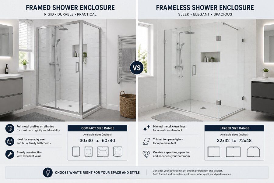 framed vs frameless shower enclosure sizes comparison - 30x30 to 60x40 vs 32x32 to 72x48 inch options