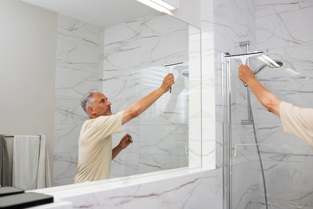 a men is cleaning a shower screen