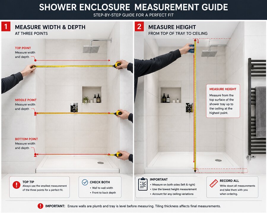 How to measure for a shower enclosure three-point measurement method top middle bottom and height from tray to ceiling