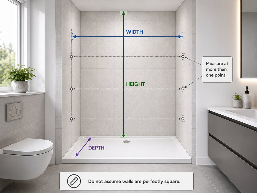 Shower enclosure measuring guide showing width, depth and height measurements in a tiled shower area
