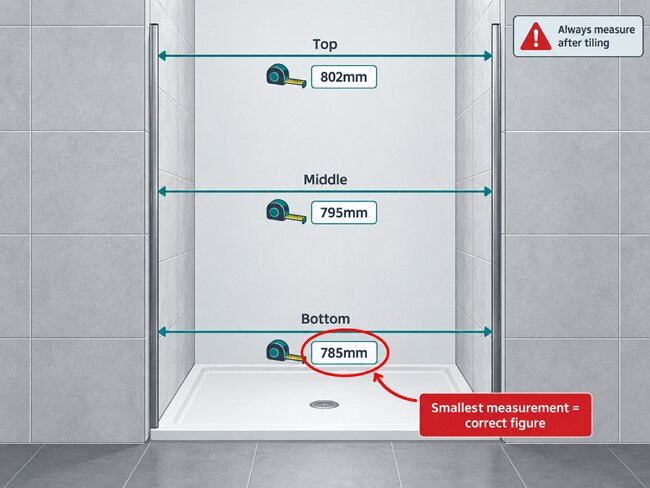 Diagram showing how to measure a shower screen opening at three points to find the smallest width measurement for correct UK installation