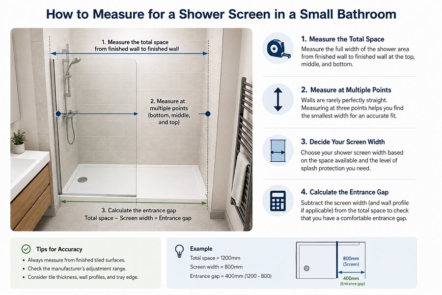 How to measure for a shower screen in a small bathroom showing finished wall width, screen width and entrance gap