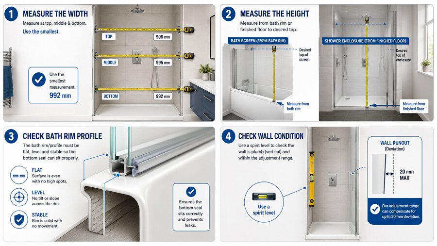 How to measure for a shower screen UK - width 3-point measurement height bath rim check and wall plumb check
