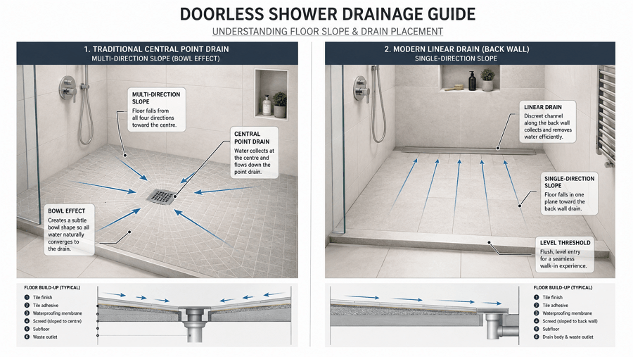 linear drain vs central drain doorless shower comparison uk