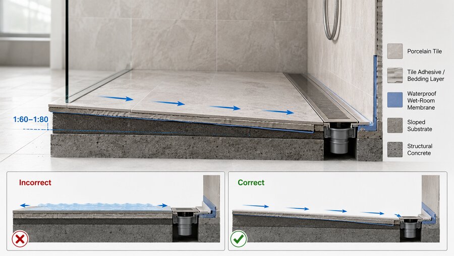 Low-profile walk-in shower tray with a raised edge and built-in fall for water containment