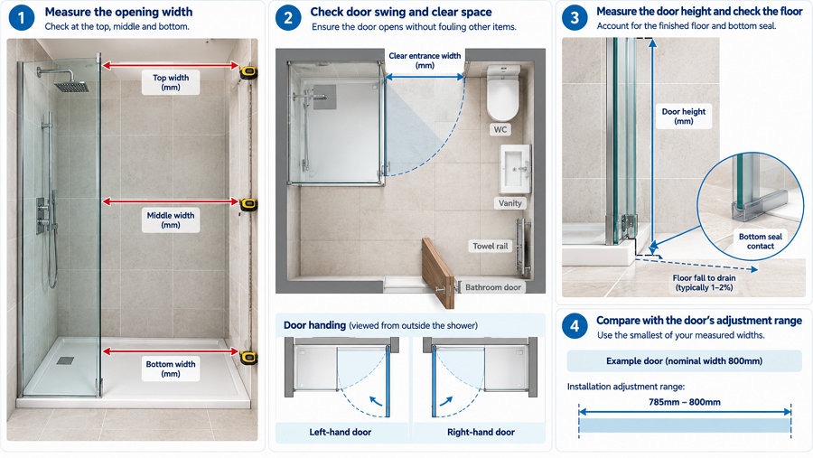 measuring existing walk-in shower for new door three heights swing clearance UK