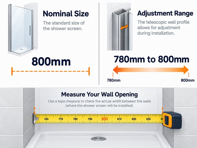 Infographic comparing nominal size 800mm versus shower screen adjustment range 780mm to 800mm for UK installers