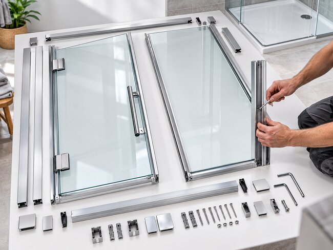 Pre-assembled modular shower enclosure components with slot and tighten profile system for fast UK installation