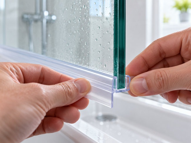 Push-fit bath screen bottom seal being fitted onto toughened safety glass without glue