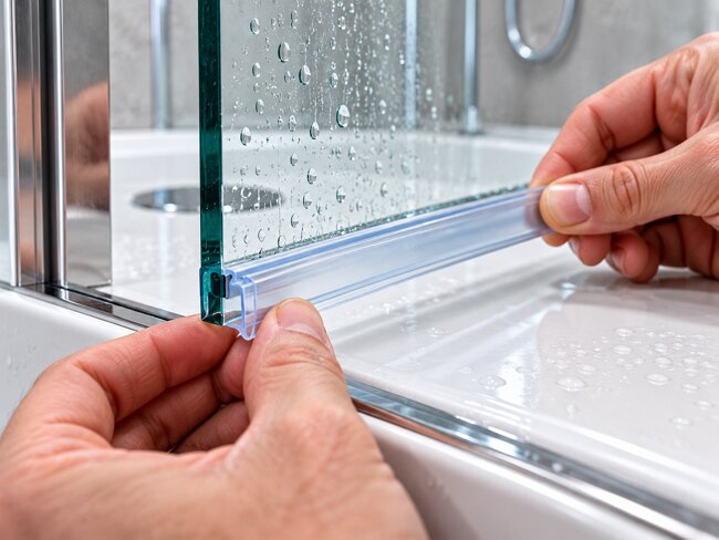 Push-fit anti-fungal shower door seal being installed onto 8mm toughened glass screen without adhesive