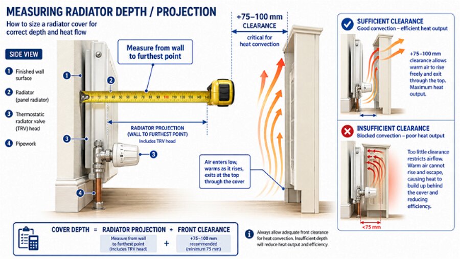 How to measure radiator cover depth projection - from wall to furthest point add 75-100mm clearance for heat flow