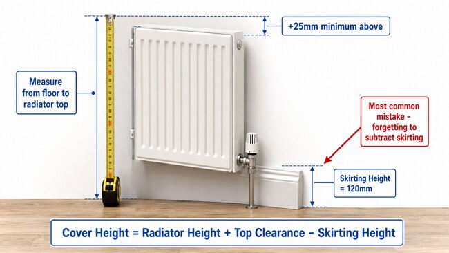 How to measure radiator cover height - from floor to radiator top add clearance subtract skirting board UK