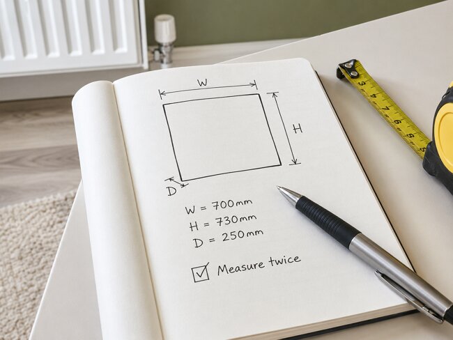 How to record radiator cover measurements - sketch width height depth on notepad with double-check