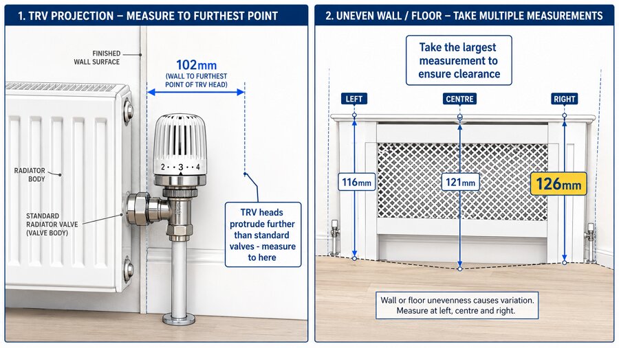 Special radiator cover measuring scenarios - TRV valve measurement and uneven walls floors UK guide
