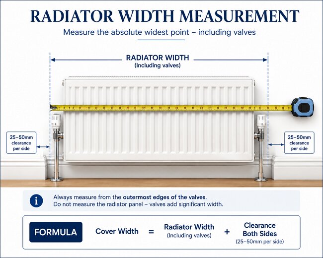 How to measure radiator cover width - measure including valves add 25-50mm clearance per side UK guide