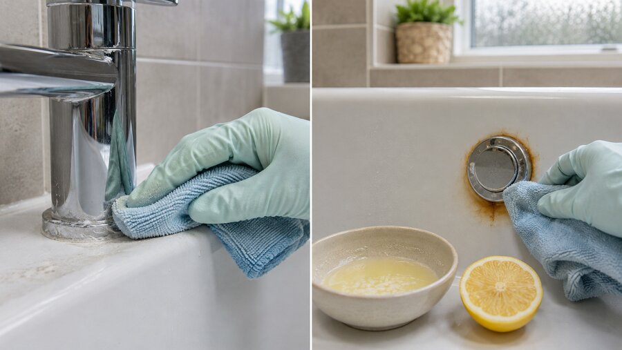 Treating stubborn limescale and rust stains on a bathtub with gentle household cleaners