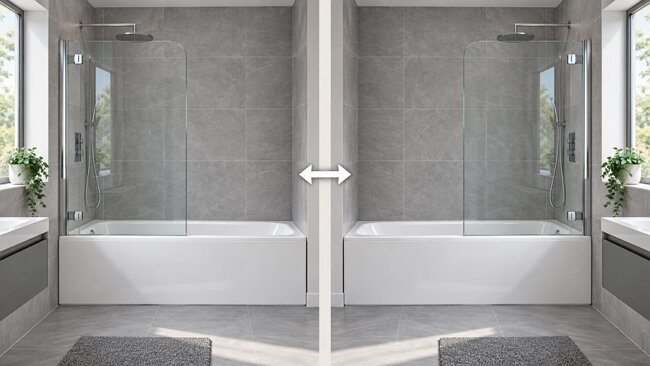 Reversible universal fitting shower screen demonstrating left or right hand installation in UK bathrooms