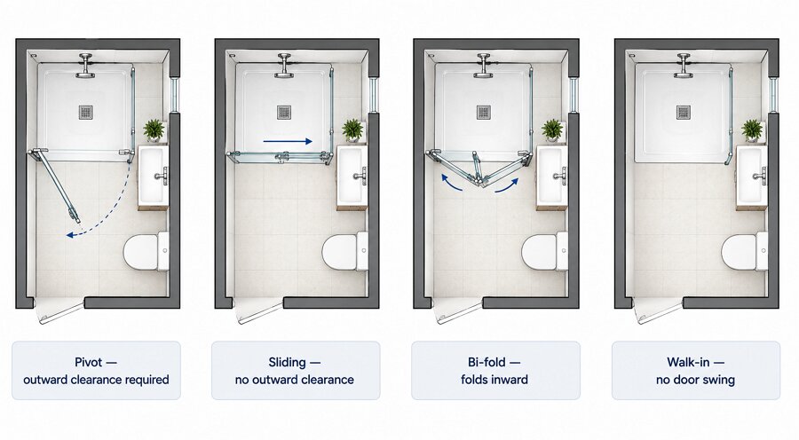 Comparison of pivot, sliding, bi-fold and walk-in shower door space requirements