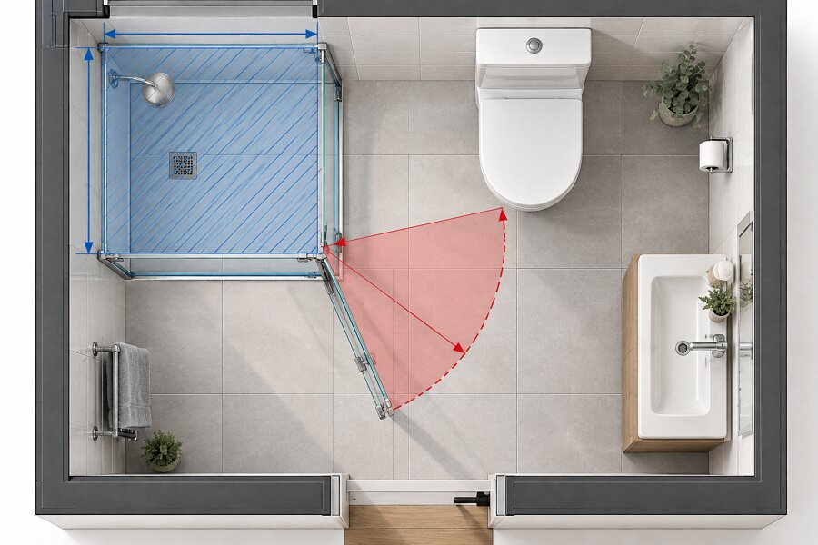 shower enclosure footprint vs door swing clearance UK diagram