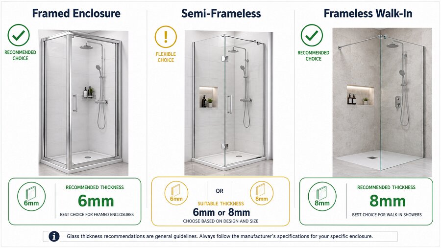 shower enclosure glass thickness recommendations framed 6mm semi-frameless both frameless 8mm