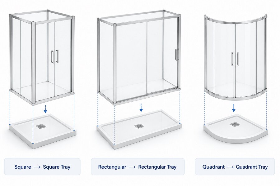 Guide showing square, rectangular and quadrant shower enclosures matched to the correct shower tray shape