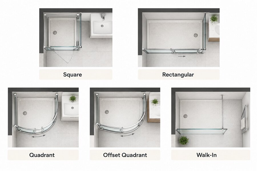 Top-down comparison of square, rectangular, quadrant, offset quadrant and walk-in shower enclosure shapes