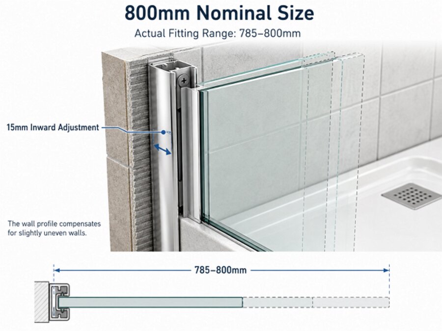 800 mm shower screen wall profile showing a 785 to 800 mm fitting range with 15 mm adjustment